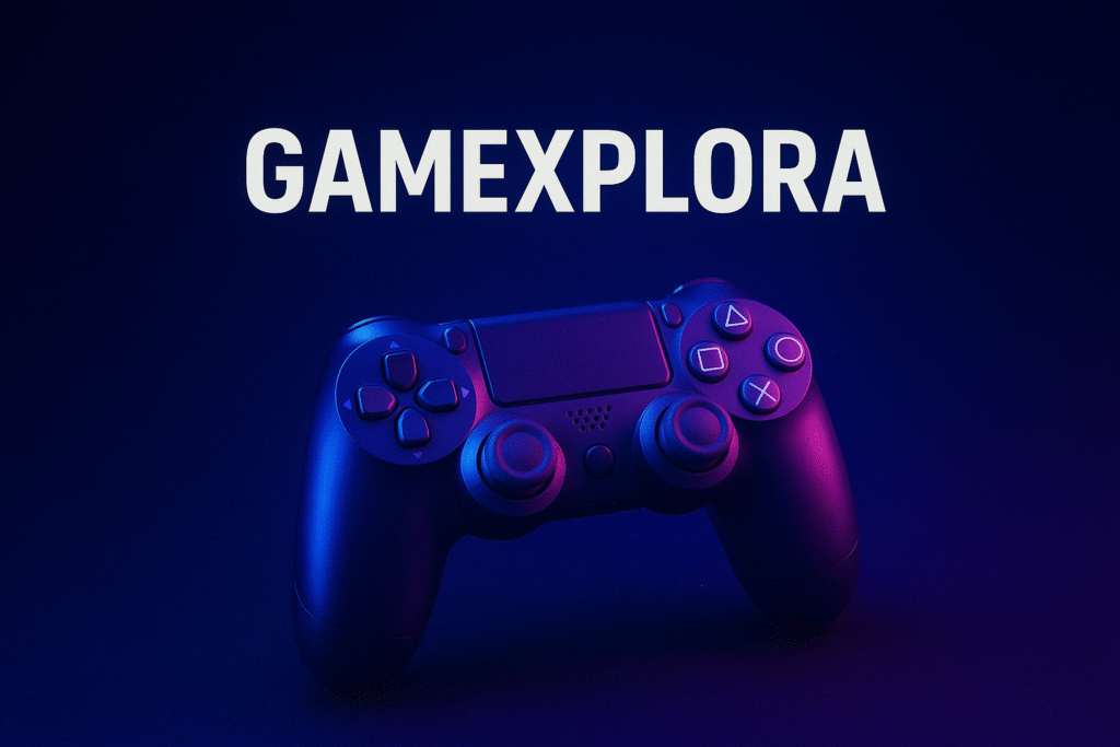 Controlador de videogame com luz neon azul e roxa e o título Gamexplora em destaque